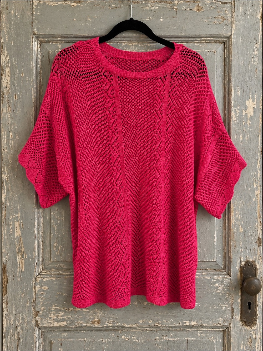Lee Bright Fuchsia Open Weave Short Sleeve Top
